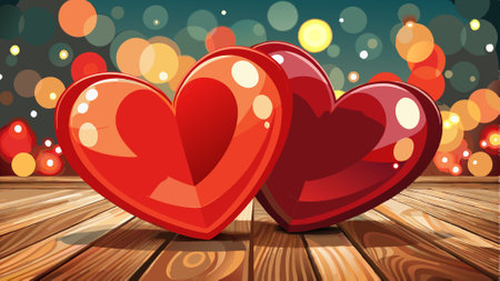 Close up of red hearts on wooden table against defocused lights. St. Valentine's Day background. AI generated. Vector iconのイラスト素材