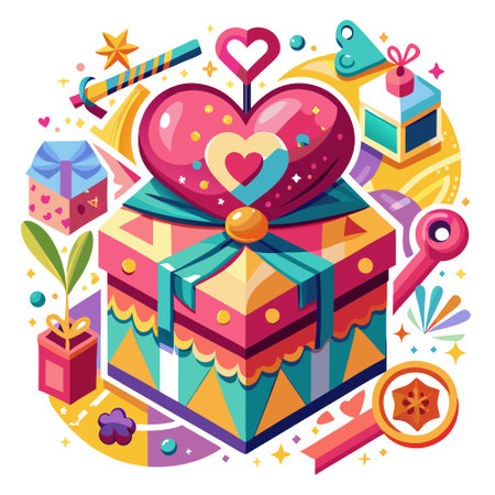Colorful Valentine box with ribbon. heart. and key. Top view composition. . AI generated. Vector iconのイラスト素材