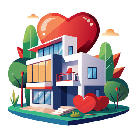 Contemporary house exterior with a large red heart symbol. representing love. family. and home togetherness in a modern architectural setting. AI generated. Vector iconのイラスト素材