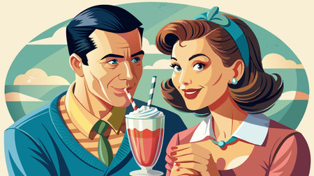 Couple sharing a milkshake with two straws vintage illustration isolated on a transparent...