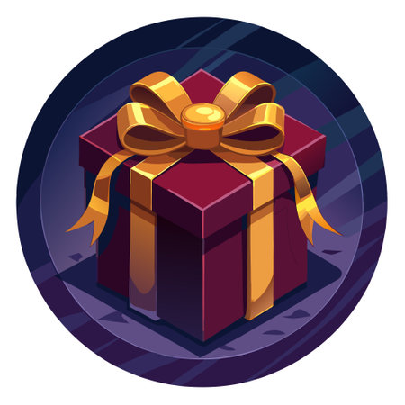 Dark red gift box with gold satin ribbon on dark background. Top view of birthday gift with copy space for holiday or Christmas present. . AI generated. Vector iconのイラスト素材