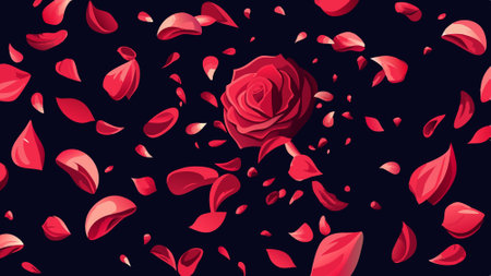 Falling Down Rose Petals on dark black background photo for wedding romance love and Valentines day 12. AI generated. Vector iconのイラスト素材