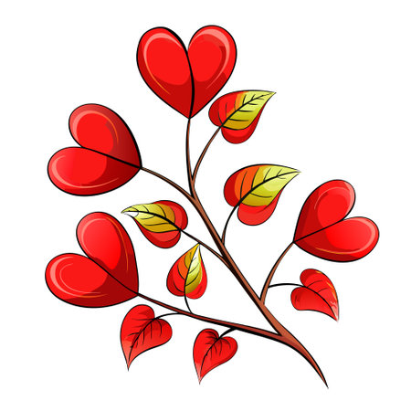 Delicate twig with vibrant red heart shaped leaves against a white background. AI generated. Vector iconのイラスト素材