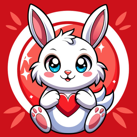 Cute white bunny on a red background. holding a heart. Generate Ai. AI generated. Vector iconのイラスト素材