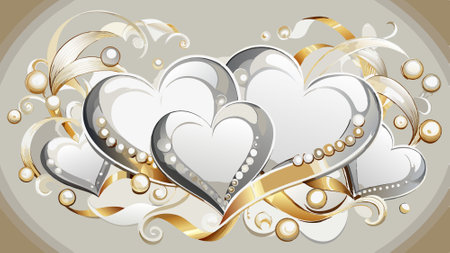 Elegant white and silver hearts with pearls and ribbons on a pale background. AI generated. Vector iconのイラスト素材