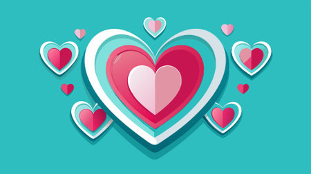 Cute paper cut-out hearts on a solid turquoise background. minimalistic paper art. Background. wallpaper. banner. AI generated. Vector iconのイラスト素材