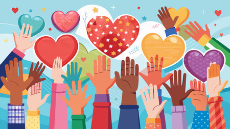 Diverse group of hands holding hearts. Love for everyone on Valentine's Day. AI generated. Vector iconのイラスト素材