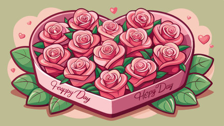 Pink roses arranged in a heart-shaped box with decorative ribbon. Vector illustrationのイラスト素材