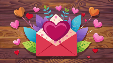 Envelope with hearts on wooden background. Valentine Wallpaper. AI generated. Vector iconのイラスト素材