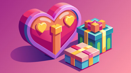 Heart and gift box 3d illustration isolated on pink background with copy space. AI generated. Vector iconのイラスト素材