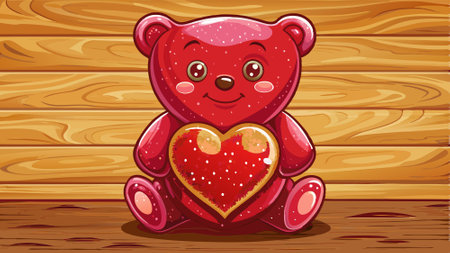 Gummy bear with red heart and glitter on wooden background for Valentine's Day. AI generated. Vector iconのイラスト素材