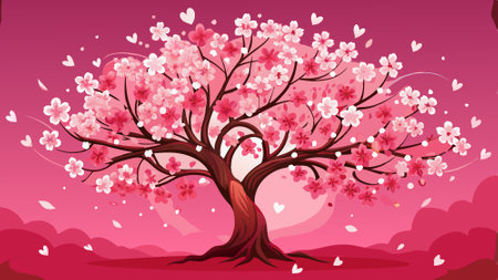 Happy Valentines Day Tree. Beautiful Cherry Blossom Tree in Deep Pink Background. AI generated. Vector iconのイラスト素材