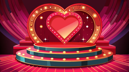 Heart shaped stage podium decorated red with lightings. copy space for product placement . . AI generated. Vector iconのイラスト素材
