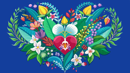 Heart. Love. Heart shape made out of flowers. orchids. herbs and leaves on blue background. AI generated. Vector iconのイラスト素材