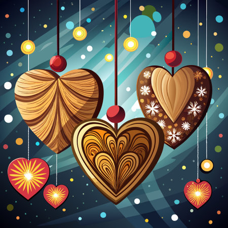 Handmade wooden heart ornaments hanging from strings. with bokeh lights in the background. AI generated. Vector iconのイラスト素材