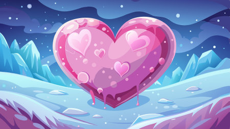 Frozen pink heart on snow with bokeh snowy background. Christmas Wallpaper. Icy Winter Banner with copy-space. . AI generated. Vector iconのイラスト素材