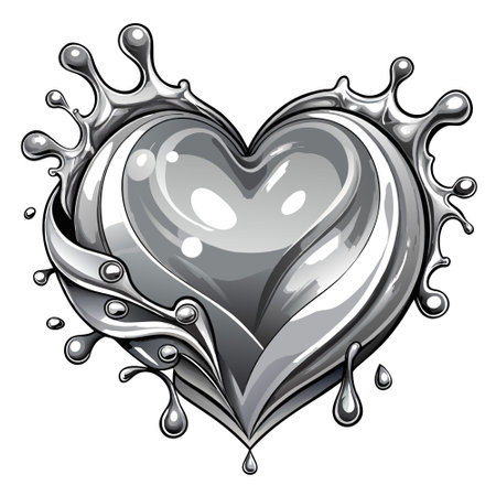 Illustration of a metallic and silver heart with liquid and splashes in png format with transparent background. AI generated. Vector iconのイラスト素材