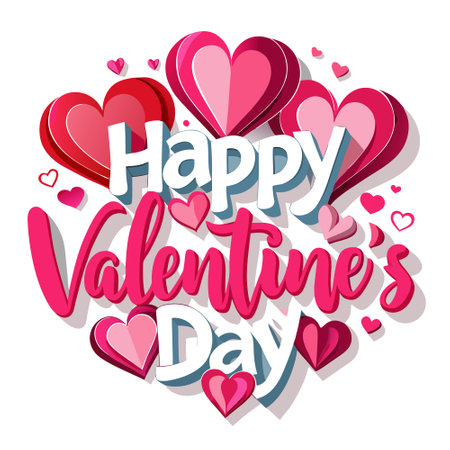 Happy Valentine's Day text with cutout paper hearts on white background. AI generated. Vector iconのイラスト素材