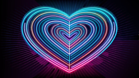 Illustration neon light line heart shape against black background. AI generated. Vector iconのイラスト素材