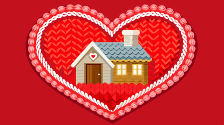 Knitted red heart shaped with white house on red background. . AI generated. Vector iconのイラスト素材