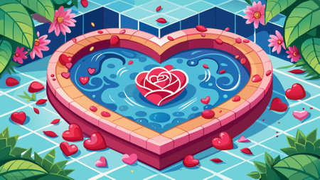 Heart shaped decoration with rose petals in swimming pool for valentines day. AI generated. Vector iconのイラスト素材