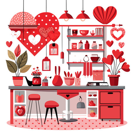 Kitchen with red valentine's decors. Scandi home interior design template. AI generated. Vector iconのイラスト素材