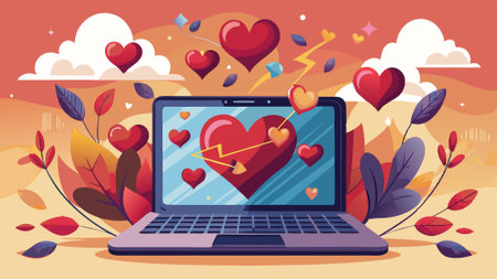 Hearts flying out of a laptop computer screen. valentines day on a computer. online dating. AI generated. Vector iconのイラスト素材