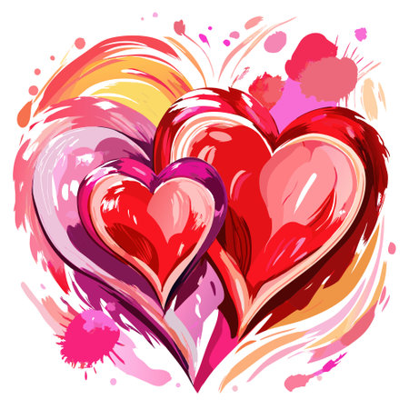 Illustration of pink and red heart shape painter in oil knife technique style on canvas. Valentine's day greeting card digital art.. AI generated. Vector iconのイラスト素材