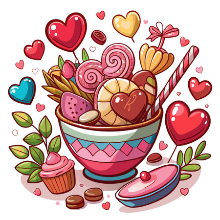 Illustration of Valentine's Day. featuring small hearts and sweets in a bowl. . AI generated. Vector iconのイラスト素材