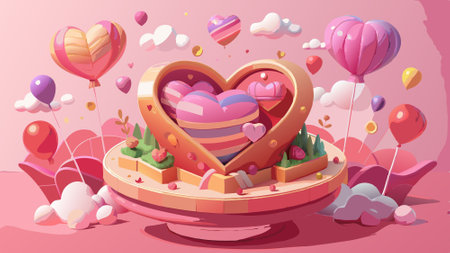 Hearts on pink background with balloons flying behind. Valentine's day card 3d image in pink heart shape valentine cards. AI generated. Vector iconのイラスト素材
