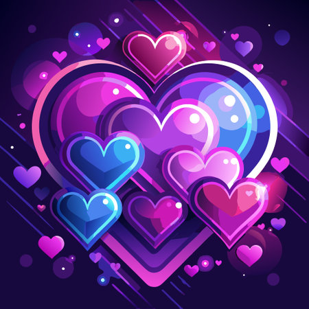 Light neon lighting bokeh valentine background. Abstract background with purple and pink hearts bokeh. Valentine's Day Wallpaper. . AI generated. Vector iconのイラスト素材