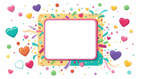 Frame Made From Confetti and Hearts. Cute square frame with space for text. Isolated on white background.. AI generated. Vector iconのイラスト素材
