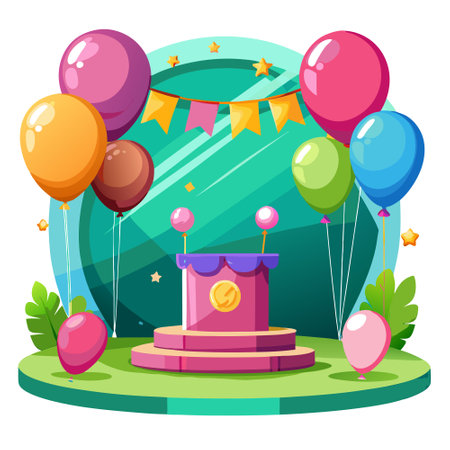 Happy birthday blank podium with pink balloons and a celebratory atmosphere on a green background.. AI generated. Vector iconのイラスト素材