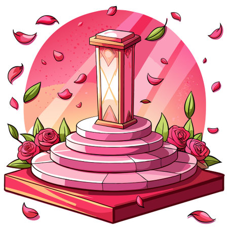 Empty podium placement on solid pink background with rose petals. illustration. AI generated. Vector iconのイラスト素材