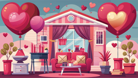 Luxurious house decorations for valentine day and balloon modern house valentine day. decoration. . AI generated. Vector iconのイラスト素材