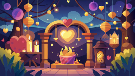 Love in the Air. Romantic Bokeh Lights. Golden Hearts. and Candle Glow. AI generated. Vector iconのイラスト素材