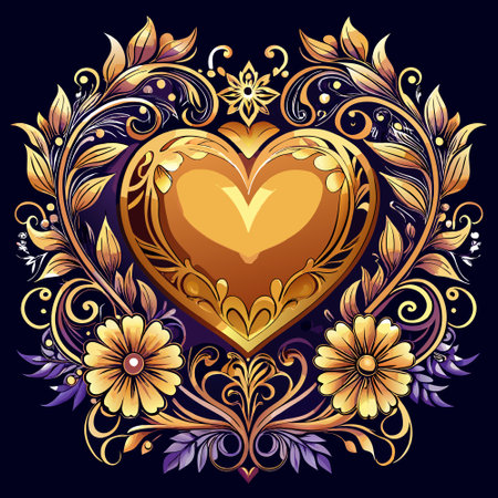 Luxurious valentines golden heart surrounded by ornament flowers on dark background. AI generated. Vector iconのイラスト素材