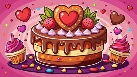 Love is Sweet. Celebrate Valentine's Day with a Tasty Baked Cake Sprinkled with Chocolates and Hearts. . AI generated. Vector iconのイラスト素材