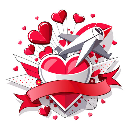 Modern paper art origami background. Airplane with banner for text. white and red paper hearts. AI generated. Vector iconのイラスト素材