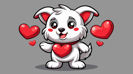 Puppy with heart a cute white dog holding red heart hearts and a blurred face. standing on a gray background.. AI generated. Vector iconのイラスト素材