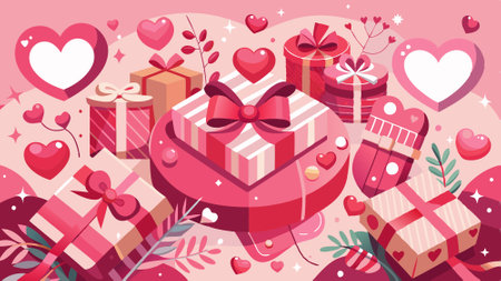 Pink valentines day composition. flat lay presents and hearts top view background with copy space. AI generated. Vector iconのイラスト素材