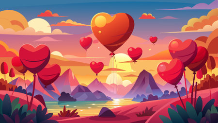 Red balloons in the shape of love hearts. Flying over beautiful nature scenery as the sun sets. Valentine's Day. Illustration. Love banner. . AI generated. Vector iconのイラスト素材