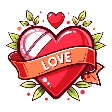 Red heart with ribbon banner. romantic love message. flat design illustration. AI generated. Vector iconのイラスト素材