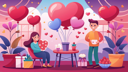 Romantic Valentine's Day Celebration with Hearts and Balloons. AI generated. Vector iconのイラスト素材
