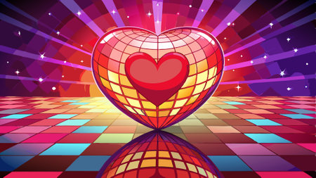 Red Heart Disco Ball on Reflective Surface. Valentine's day background. AI generated. Vector iconのイラスト素材