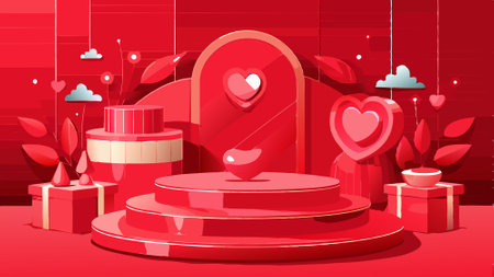 Red podium background for product. Symbols of love for women's holiday. Valentine's Day. 3D rendering.. AI generated. Vector iconのイラスト素材