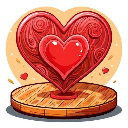Red wooden heart on wooden table. Red heart on table. Valentines day. AI generated. Vector iconのイラスト素材