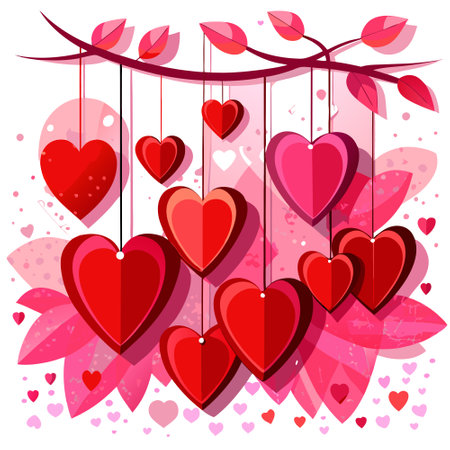 Red paper hearts hanging on a string against a pink background.. AI generated. Vector iconのイラスト素材