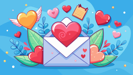 Saint Valentine day holiday background with envelope. paper card and various red hearts for love romantic message on blue pastel background. AI generated. Vector iconのイラスト素材