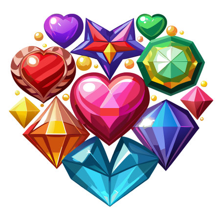 Set of colorful shiny gemstones. diamonds. crystal. sapphires. rubies in heart shape isolated cutout on transparent background.. AI generated. Vector iconのイラスト素材